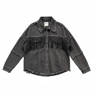 Zara Black Denim Rhinestone Fringe Western Oversized Jacket Size S